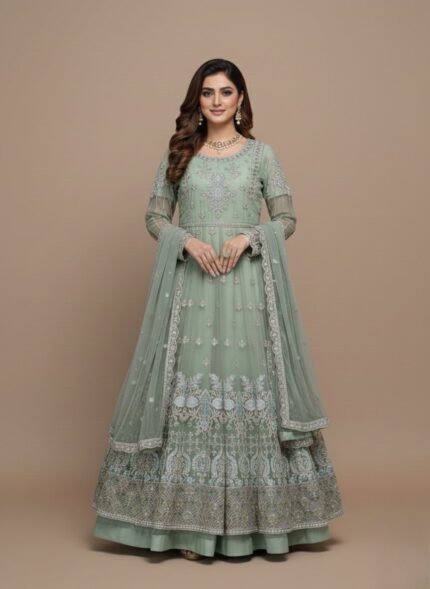 Sage green embroidered net Anarkali maxi gown with silver work and matching dupatta, displayed flat.