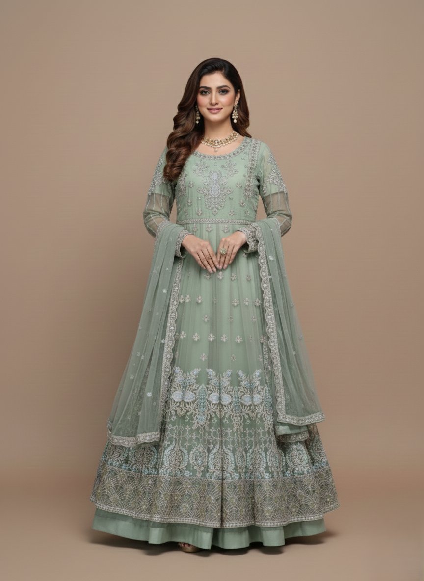Elegant Sage Green Embroidered Net Anarkali Maxi Gown with Dupatta - 1 Sage green embroidered net Anarkali maxi gown with silver work and matching dupatta, displayed flat.