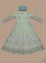 Sage green embroidered net Anarkali maxi gown with silver work and matching dupatta, displayed flat.
