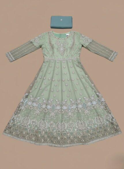 Sage green embroidered net Anarkali maxi gown with silver work and matching dupatta, displayed flat.