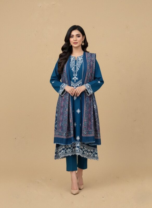 Model in a teal embroidered lawn dress, three-piece summer collection with white embroidery on shirt, patterned dupatta, and trousers.