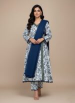 A woman wearing a white and blue floral printed khaddar Angrakha style suit with a long-sleeved shirt, matching printed trousers, and a solid dark blue khaddar dupatta draped. The suit features blue floral prints and dark blue lace trim.