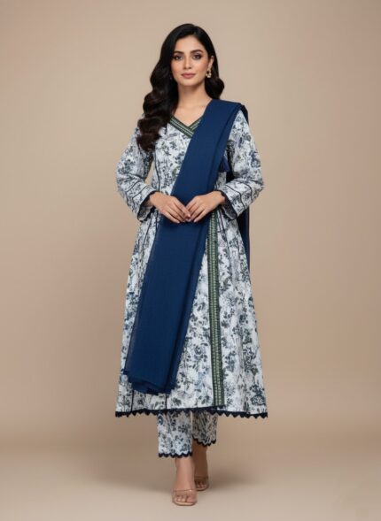 A woman wearing a white and blue floral printed khaddar Angrakha style suit with a long-sleeved shirt, matching printed trousers, and a solid dark blue khaddar dupatta draped. The suit features blue floral prints and dark blue lace trim.