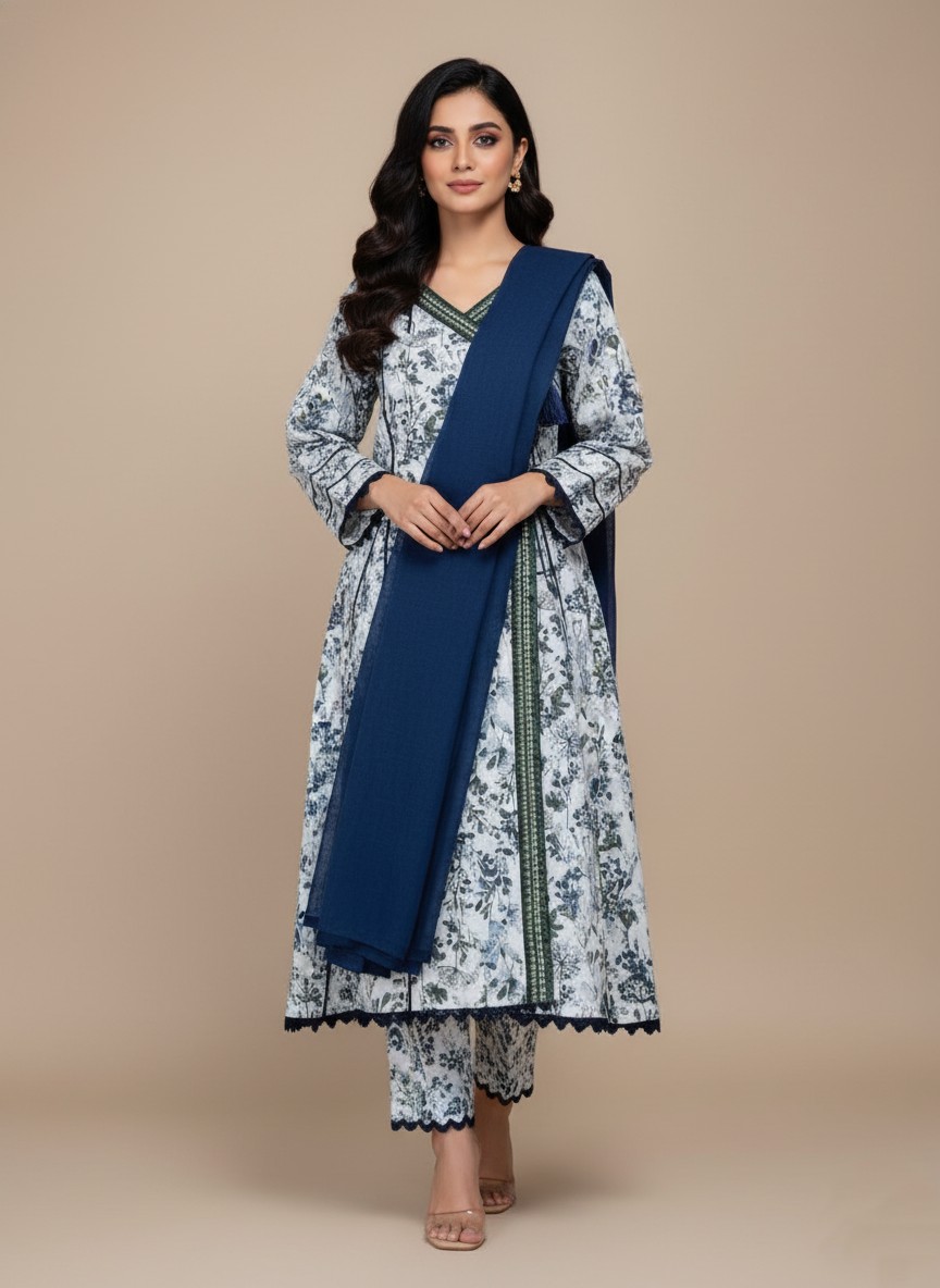 Elegant White & Blue Floral Printed Khaddar Angrakha Suit A woman wearing a white and blue floral printed khaddar Angrakha style suit with a long-sleeved shirt, matching printed trousers, and a solid dark blue khaddar dupatta draped. The suit features blue floral prints and dark blue lace trim.