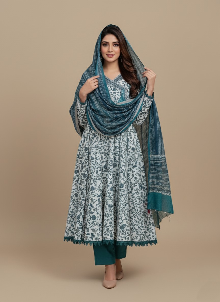 Elegant White & Teal Printed Khaddar Angrakha Suit A flat lay showing a white and teal floral printed khaddar Angrakha style kurta with a decorative tassel, and a folded matching printed khaddar dupatta. The fabric has intricate floral designs.
