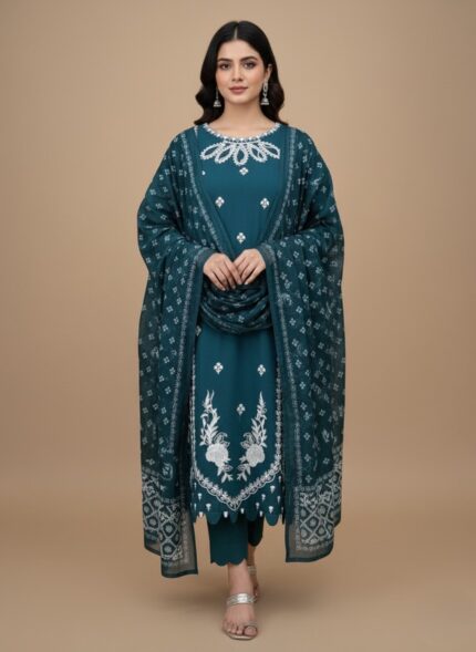 Full-length image of a woman wearing an embroidered cotton teal suit with detailed white floral embroidery on the tunic and trousers, paired with a matching printed dupatta. The outfit is made of lawn and is suitable for formal occasions.