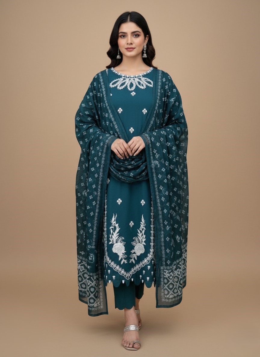 Embroidered lawn Teal Suit with Dupatta Full-length image of a woman wearing an embroidered cotton teal suit with detailed white floral embroidery on the tunic and trousers, paired with a matching printed dupatta. The outfit is made of lawn and is suitable for formal occasions.