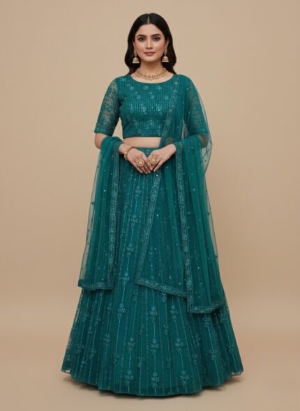 unstitched embroidered teal net lehenga fabric set. The main, larger piece for the lehenga/skirt shows detailed vertical floral patterns in teal thread and sequins. A smaller, matching piece for the top/blouse is folded on top, confirming the Embroidered Teal Net Lehenga Fabric description.