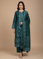 Emerald Green Khaddar 3 Piece Unstitched Suit with embroidered neckline and matching dupatta.