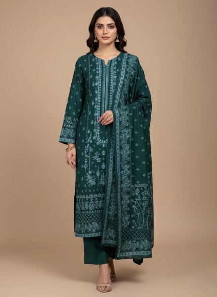 Emerald Green Khaddar 3 Piece Unstitched Suit with embroidered neckline and matching dupatta.