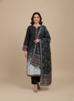 Black and white digitally printed Khaddar 3 Piece Unstitched Suit with a matching dupatta and plain trousers, ideal for winter wear.
