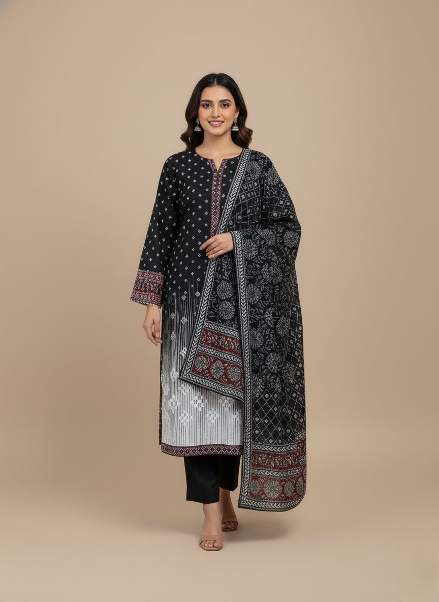 Ethnic Black & White Khaddar 3 Piece Unstitched Suit - 1 Black and white digitally printed Khaddar 3 Piece Unstitched Suit with a matching dupatta and plain trousers, ideal for winter wear.
