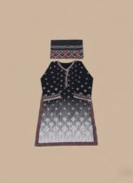 Black and white digitally printed Khaddar 3 Piece Unstitched Suit with a matching dupatta and plain trousers, ideal for winter wear.