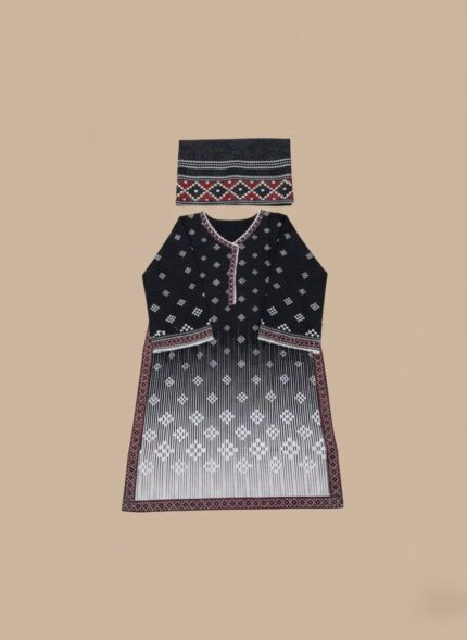 Black and white digitally printed Khaddar 3 Piece Unstitched Suit with a matching dupatta and plain trousers, ideal for winter wear.