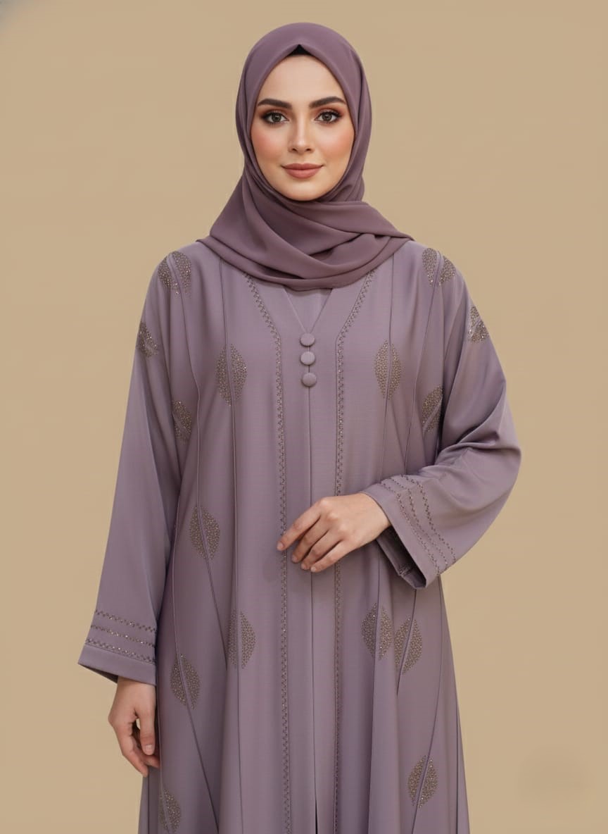Everyday Woman Abaya Beige woman abaya in crepe, open-front kimono sweater style, side pockets and belt shown on model in daylight studio setting