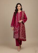 A woman wearing a vibrant maroon embroidered peach zari slub suit with a long-sleeved shirt and matching trousers and dupatta. The suit features detailed white floral and geometric embroidery.