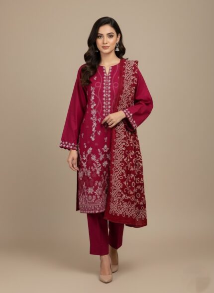 A woman wearing a vibrant maroon embroidered peach zari slub suit with a long-sleeved shirt and matching trousers and dupatta. The suit features detailed white floral and geometric embroidery.