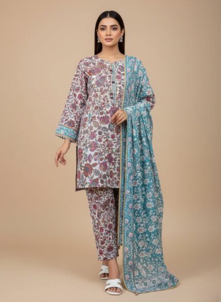 Two folded sets of 3 PC unstitched lawn fabric, one with a prominent pink and teal floral pattern on white, and another smaller teal fabric with white and orange floral motifs, displayed on a wooden table in a retail setting.