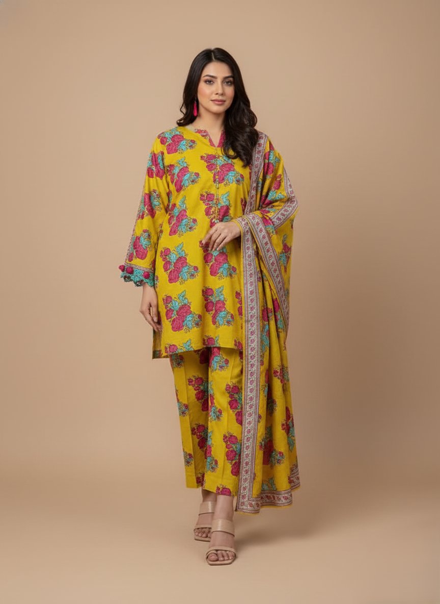 Floral Print 3 PC Unstitched Lawn Fabric - Summer Collection Dress Material - 1 A neatly folded 3 PC unstitched lawn fabric set with a yellow background and bold pink and blue floral patterns, displayed on a wooden table.