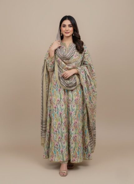 Floral printed 3-piece lawn suit with matching trousers and dupatta for women's summer fashion.