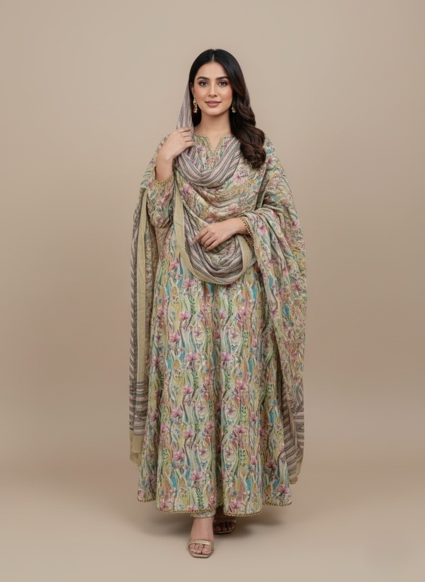 Floral Printed 3-Piece Lawn Suit for Women - 1 Floral printed 3-piece lawn suit with matching trousers and dupatta for women's summer fashion.