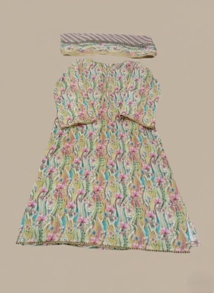 Floral printed 3-piece lawn suit with matching trousers and dupatta for women's summer fashion.