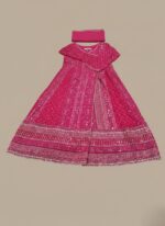Fuchsia Chikankari maxi dress or Anarkali with silver embroidery and sequin/mirror work, laid flat on a neutral background, showcasing the full length of the long garment.