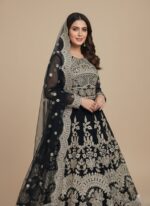 Girls' black embroidered net maxi dress with gold patterns, full-length gown, special occasion maxi dress