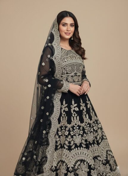 Girls' black embroidered net maxi dress with gold patterns, full-length gown, special occasion maxi dress