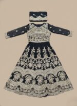 Girls' black embroidered net maxi dress with gold patterns, full-length gown, special occasion maxi dress