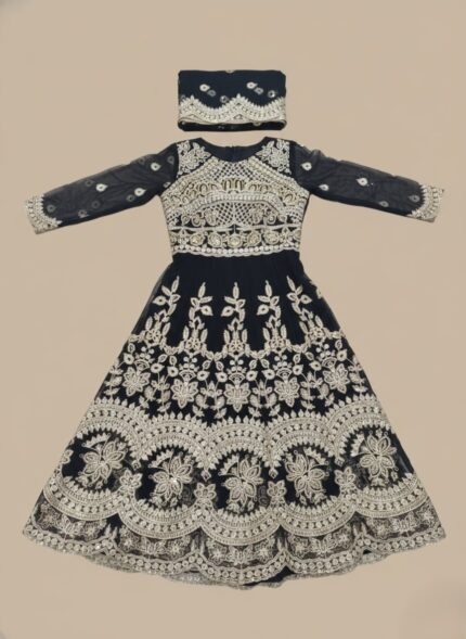 Girls' black embroidered net maxi dress with gold patterns, full-length gown, special occasion maxi dress