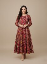 Maroon floral frock with yellow and red flowers and white trim, a charming ethnic wear dress for girls.