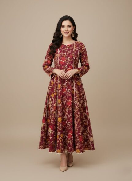 Maroon floral frock with yellow and red flowers and white trim, a charming ethnic wear dress for girls.