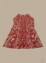 Maroon floral frock with yellow and red flowers and white trim, a charming ethnic wear dress for girls.