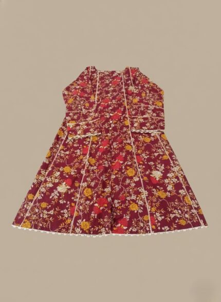 Maroon floral frock with yellow and red flowers and white trim, a charming ethnic wear dress for girls.