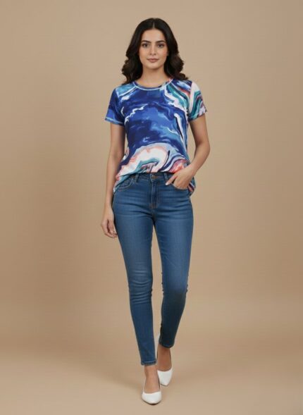 Girls' short sleeve A-line dress featuring a vibrant marbled print in shades of blue, coral, and white, displayed flat on a neutral background.