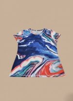 Girls' short sleeve A-line dress featuring a vibrant marbled print in shades of blue, coral, and white, displayed flat on a neutral background.
