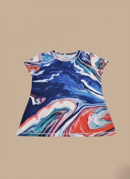 Girls' short sleeve A-line dress featuring a vibrant marbled print in shades of blue, coral, and white, displayed flat on a neutral background.