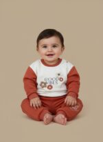 A cute baby sitting up, wearing a two-piece "Good Vibes" sweater and jogger set. The top is white with rust-colored sleeves and floral appliques, and the pants are solid rust/terracotta.