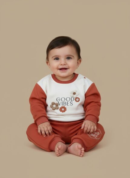 A cute baby sitting up, wearing a two-piece "Good Vibes" sweater and jogger set. The top is white with rust-colored sleeves and floral appliques, and the pants are solid rust/terracotta.