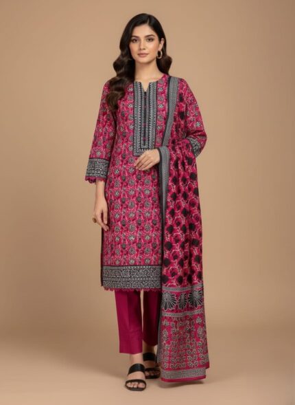 GulAhmed Winter Collection Earth Crush 3-piece printed khaddar suit in vibrant pink article CLP-427."