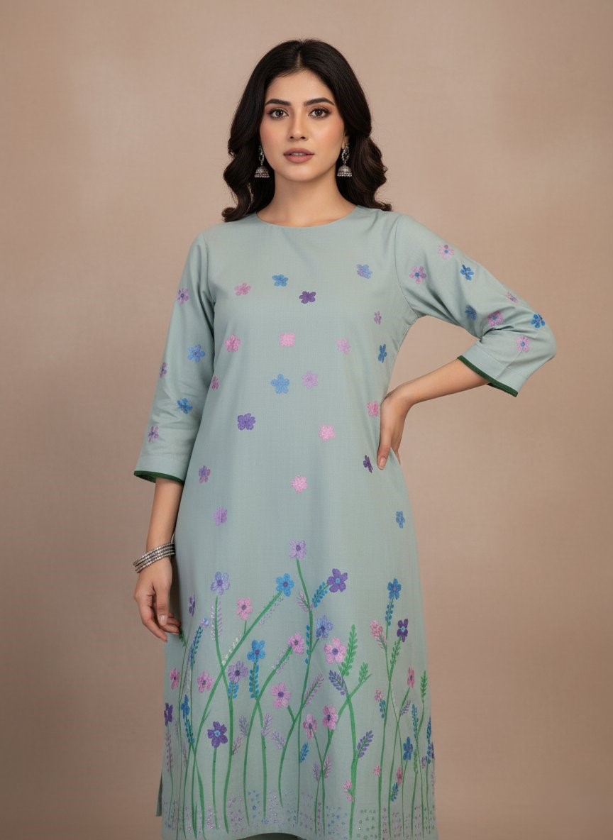 Hand-Painted Floral Kurta Dress for Women - Unique Stitched Design - 1 Light blue stitched kurta dress for women, featuring a vibrant hand-painted floral design with blue, purple, and pink flowers and green stems.
