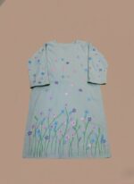Light blue stitched kurta dress for women, featuring a vibrant hand-painted floral design with blue, purple, and pink flowers and green stems.