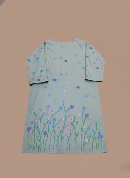Light blue stitched kurta dress for women, featuring a vibrant hand-painted floral design with blue, purple, and pink flowers and green stems.