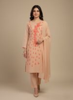 Hand-painted peach unstitched fabric with red floral and leaf design, 1 piece, women's ethnic wear material.