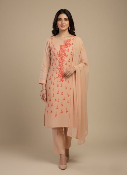 Hand-painted peach unstitched fabric with red floral and leaf design, 1 piece, women's ethnic wear material.
