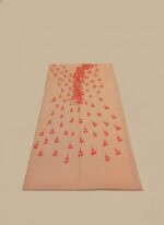 Hand-painted peach unstitched fabric with red floral and leaf design, 1 piece, women's ethnic wear material.