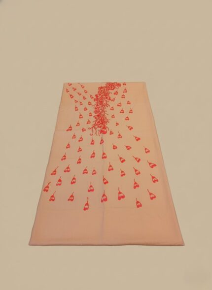 Hand-painted peach unstitched fabric with red floral and leaf design, 1 piece, women's ethnic wear material.