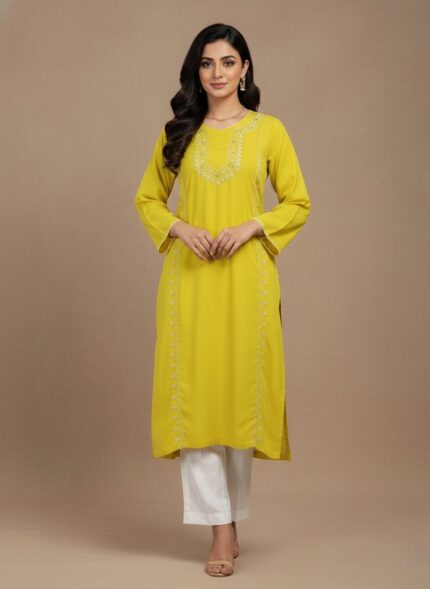 Handmade embroidered yellow tunic dress with traditional stitching on a neutral background.