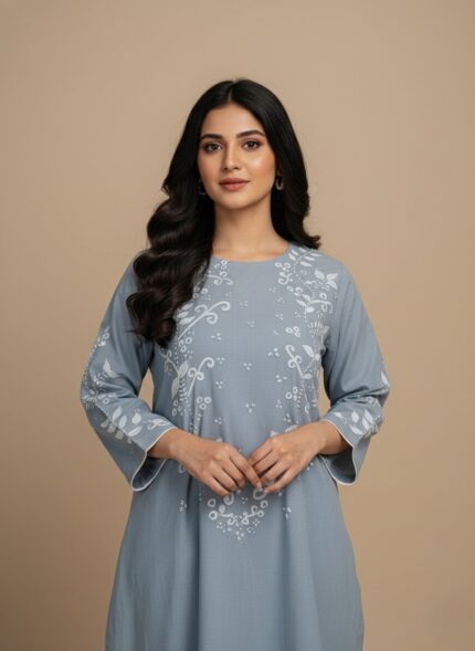 Handmade painted blue cotton kurta for women with white embroidered floral design. 2-piece ethnic wear "sweater" with hand-stitched details.